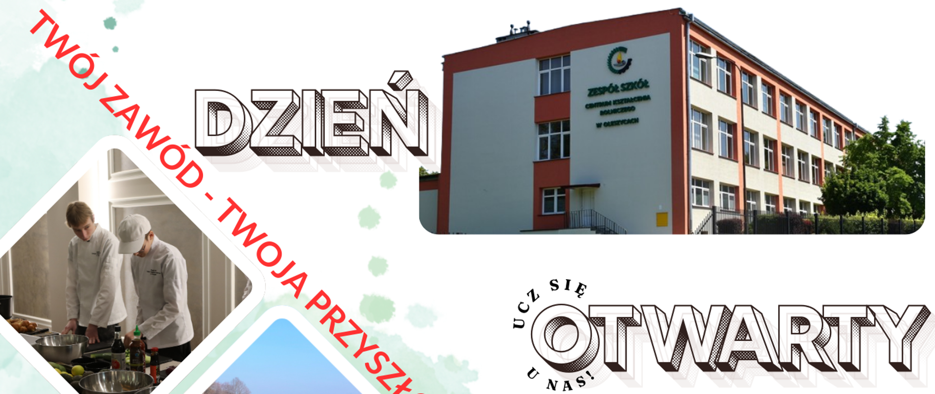 Plakat z widocznym zdjęciem budynku szkoły i kafelkami w których znajdują się zdjęcia uczniów prezentujących zawody oferowane przez szkołę na rok szkolny 2026/2027.