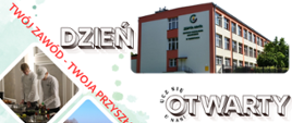 Plakat z widocznym zdjęciem budynku szkoły i kafelkami w których znajdują się zdjęcia uczniów prezentujących zawody oferowane przez szkołę na rok szkolny 2026/2027.