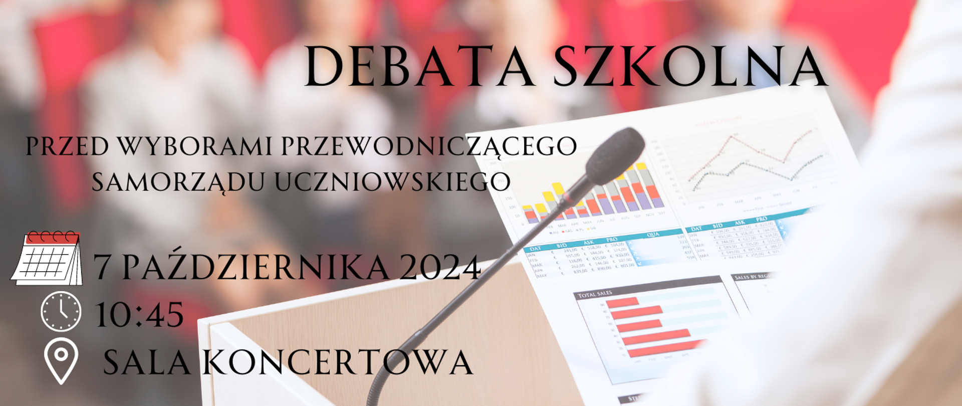 Na kolorowym tle mównica, mikrofon, osoba prowadząca wykład oraz informacja: Debata szkolna przed wyborami przewodniczącego samorządu uczniowskiego.