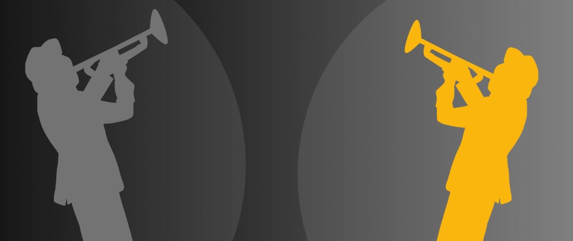 Plakat na czarnym tle z białymi napisami. Od góry wstawiona jest nazwa szkoły, niżej wielkimi literami nazwa wydarzenia, jeszcze niżej wymieni są nauczyciele a na samym dole szczegóły koncertu: data, godzina i miejsce. Całość dopełnia grafika przedstawiająca stojących naprzeciwko siebie trębaczy grających na trąbkach, jeden w kolorze szarym a drugi ciemnożółtym. 