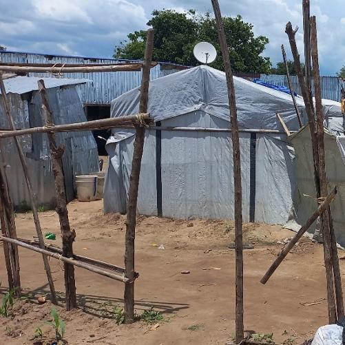 Białe namioty i prymitywne konstrukcje z gałęzi drzew