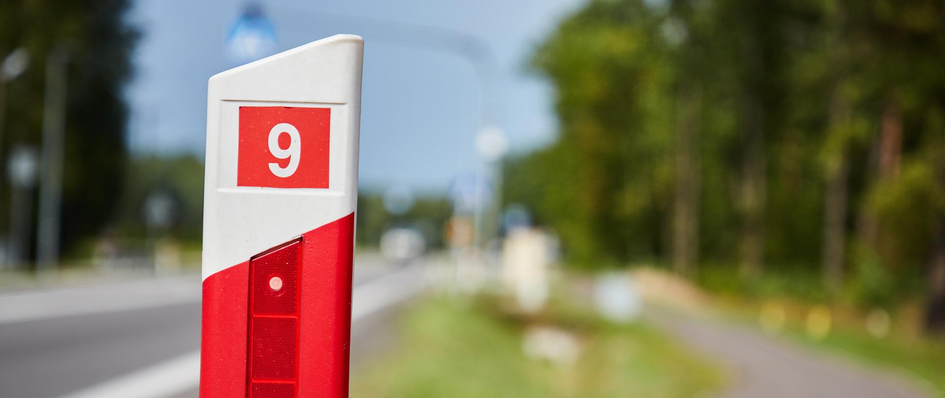 Przydrożny biało-czerwony słupek kilometrowy z numerem „9” stoi na poboczu drogi. W tle, lekko rozmytym, widoczna jest jezdnia, ścieżka rowerowa lub chodnik oraz pas zieleni i drzewa po obu stronach. Zdjęcie wykonano w słoneczny dzień, z wyraźnym skupieniem ostrości na słupku.