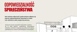 Grafika informacyjna z hasłem „Odpowiedzialność społeczeństwa” przedstawiająca osoby kierujące się do punktu schronienia w sytuacji zagrożenia.