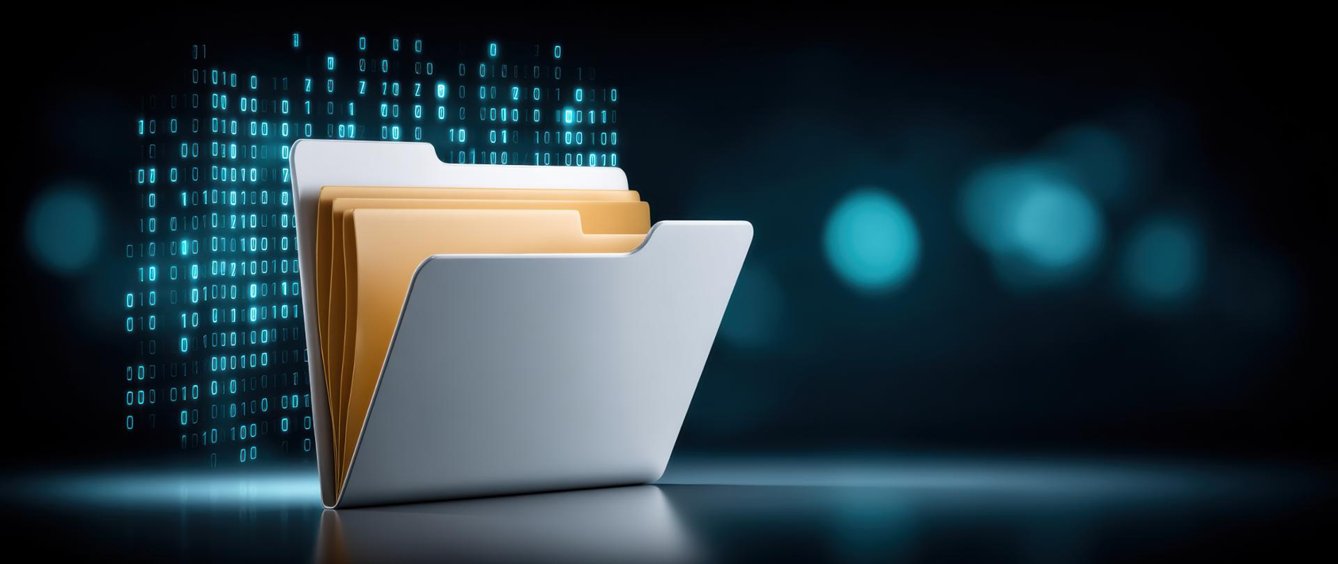 Digital folder with yellow file and flowing data stream conveying secure information management and organized folder data storage efficiency