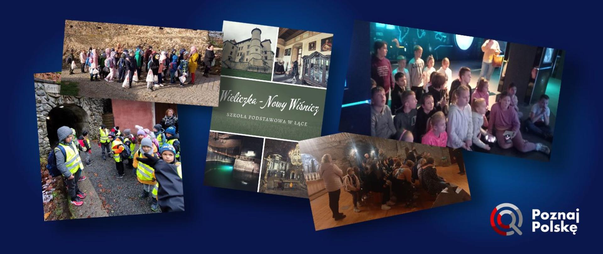 Kolaż przedstawiający kilka zdjęć z uczniami zwiedzającymi różne miejsca.