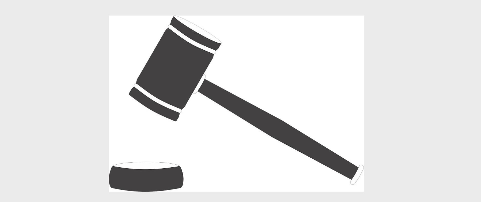 czarno - biała grafika przedstawiająca młotek sędziowski