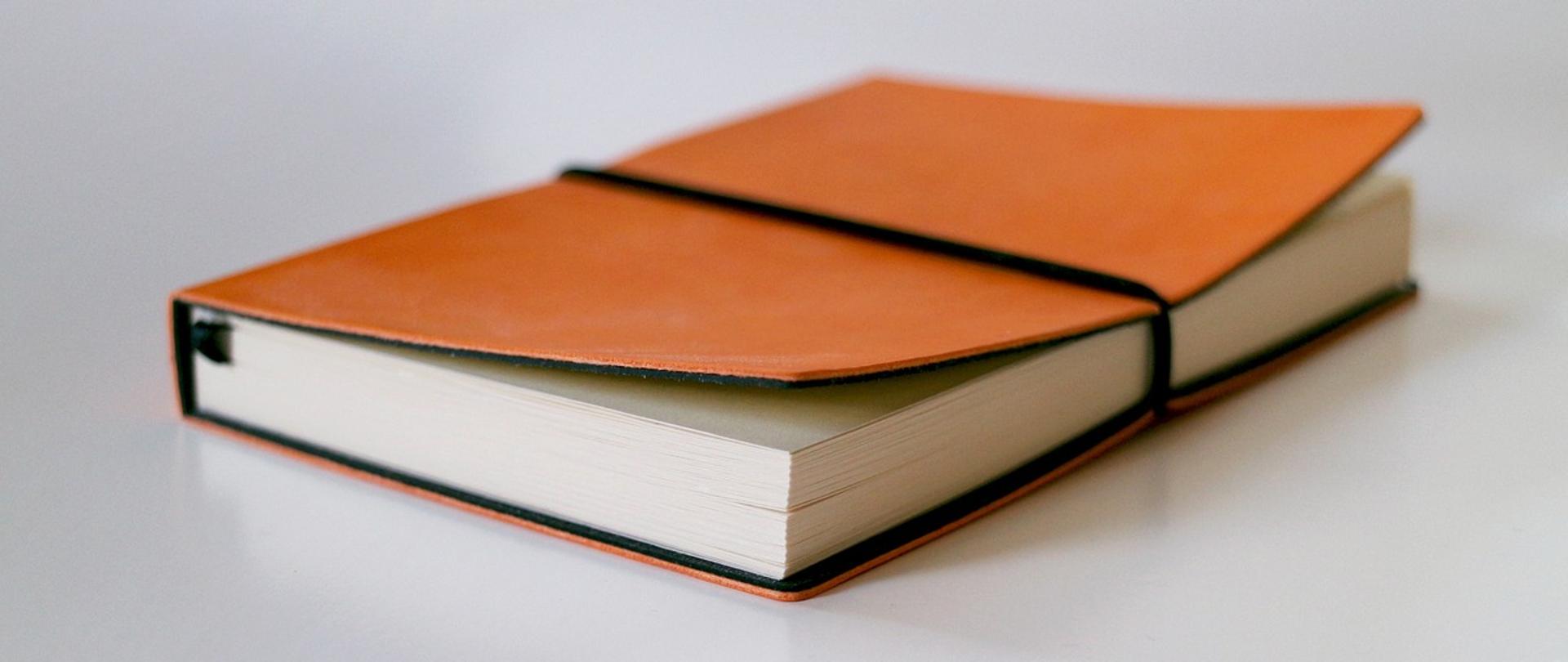 Książka w kolorze brązowym na szarym rozmytym szarym tle. Książka jest owiniętą czarną gumką. 