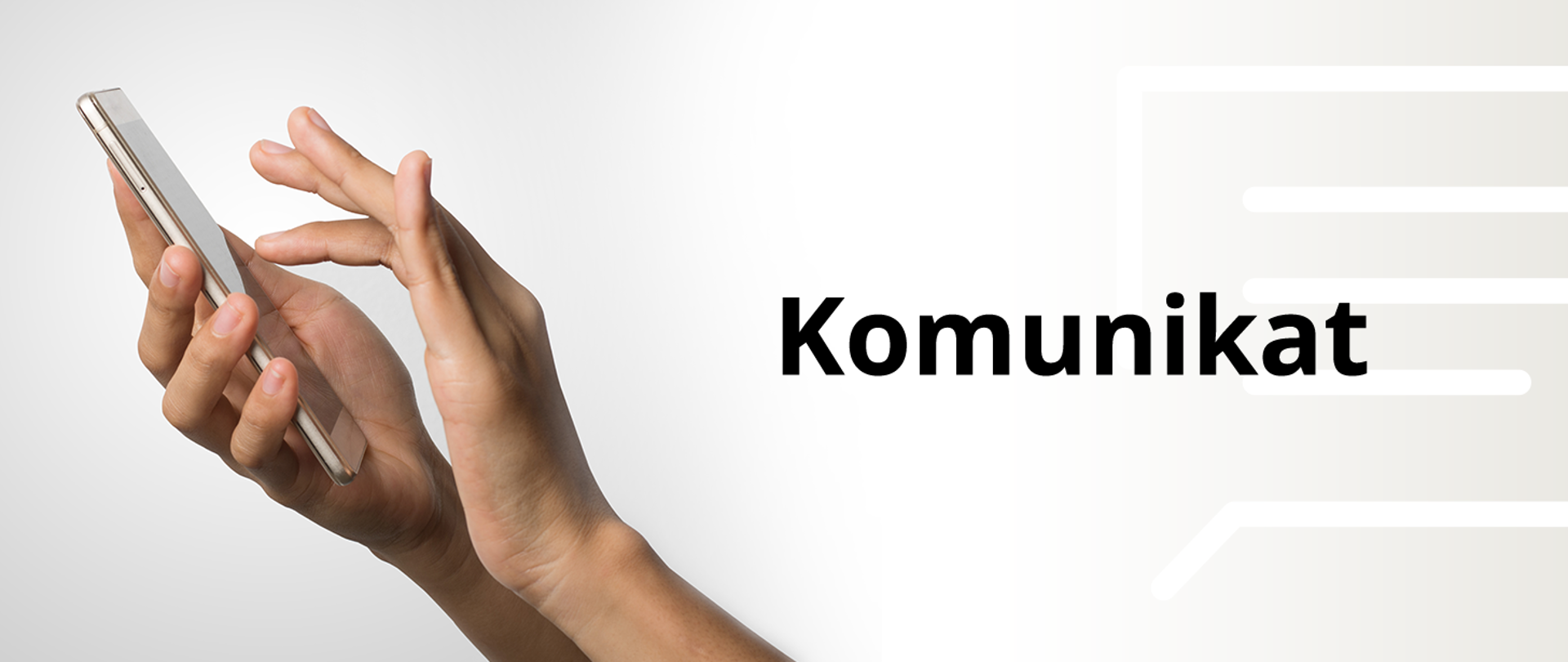 zdjęcie przedstawia po lewej stronie dłonie trzymające smartfon, po prawej stronie grafiki na beżowym tle z zarysem kartki napis Komunikat