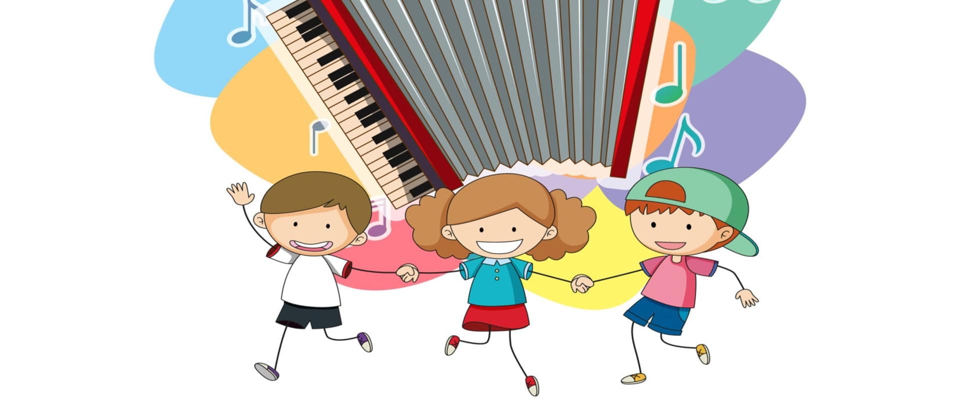 Akordeon na kolorowym tle. Z przodu troje dzieci trzymające się za ręce. Po spodem napis informujący o koncercie.