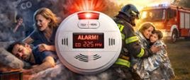 Grafika z czujką dymu wyświetlającą komunikat alarm CO 225 PPM. Na drugim planie grafiki widzimy śpiącego w łóżku mężczyznę, którego próbuje obudzić kobieta, kolejny epizod na drugim planie to kobieta z chłopcem okryci kocem termicznym ewakuowani przez strażaka, w oddali widać wóz strażacki