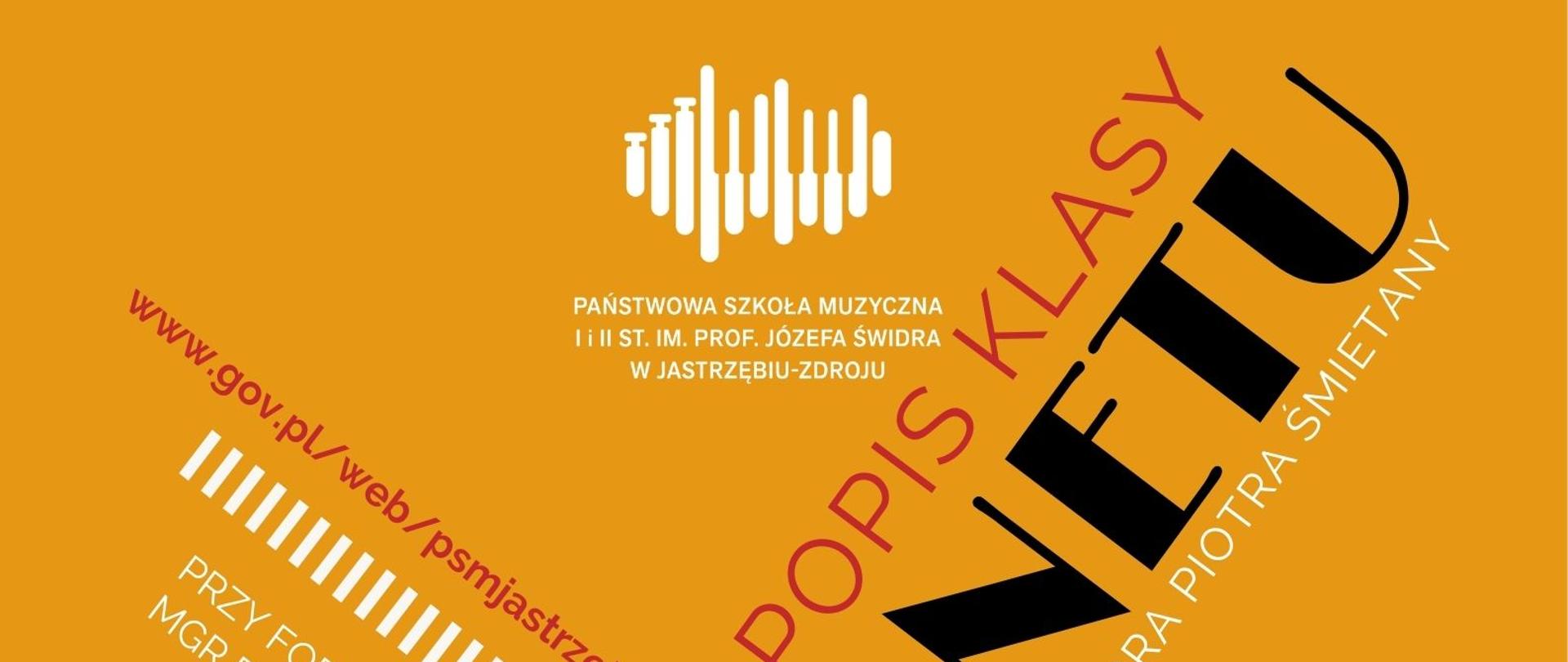 żółte tło na nim czerwone, czarne i białe napisy. Na środku rysunkowy klarnet
Napis "Popis klasy klarnetu 24.04.2023 17:00 Aula"
