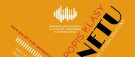 żółte tło na nim czerwone, czarne i białe napisy. Na środku rysunkowy klarnet
Napis "Popis klasy klarnetu 24.04.2023 17:00 Aula"