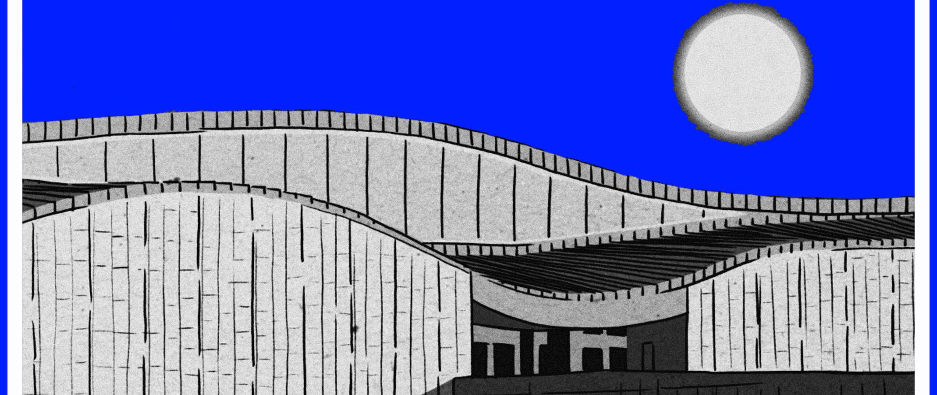 Plakat zapowiadający wyjście do Muzeum Manggha w dniu 9.12.2025r. Białe tło, na nim u góry i na dole niebieskie napisy informacyjne. Na środku grafika – budynek Muzeum.