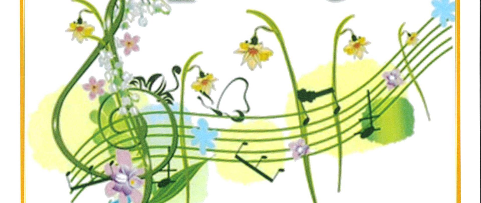 Plakat zapraszający na koncert pt. „Wiosenne Impresje”, który odbędzie się w Państwowej Szkole Muzycznej I st. im. Ignacego Jana Paderewskiego w Choszcznie.
Grafika utrzymana jest w jasnej, wiosennej stylistyce. Centralnym elementem jest zielony klucz wiolinowy płynnie przechodzący w pięciolinię, ozdobiony drobnymi kwiatami w kolorze żółtym, fioletowym i błękitnym. W tle widoczne są delikatne akwarelowe plamy w odcieniach zieleni i błękitu.
Szczegóły wydarzenia:
Tytuł: Wiosenne Impresje – Koncert Dyplomantów ZPSM II st. im. F. Nowowiejskiego w Szczecinie.
Wykonawcy:
Hanna Ksokowska – wiolonczela
Paweł Braksator – bas-baryton
Adam Witlewski – fortepian
Data: 1 kwietnia 2026 r. (środa)
Godzina: 17:00