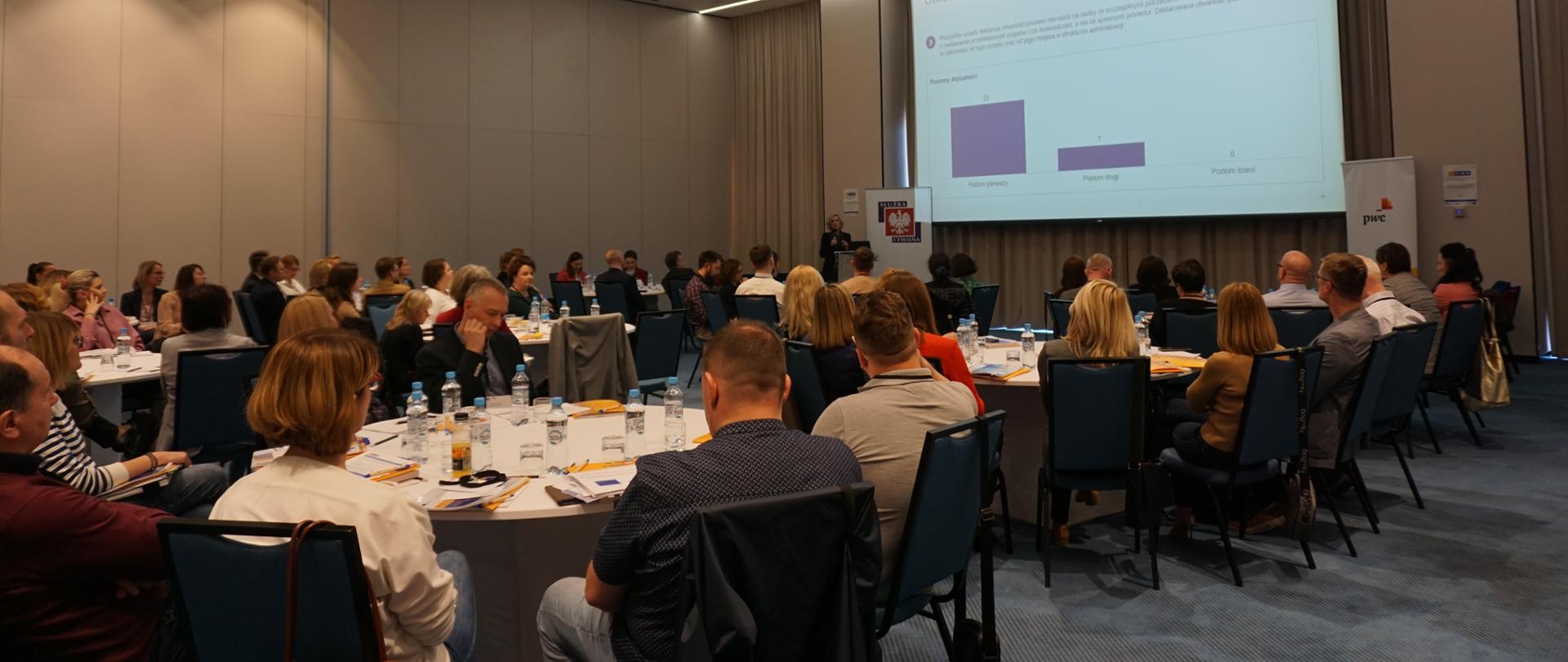 Na zdjęciu około 40 osób siedzi wokół 6 okrągłych stołów.Wszyscy patrzą na ekran, na którym wyświetlana jest prezentacja. Przy mównicy stoi prowadząca.