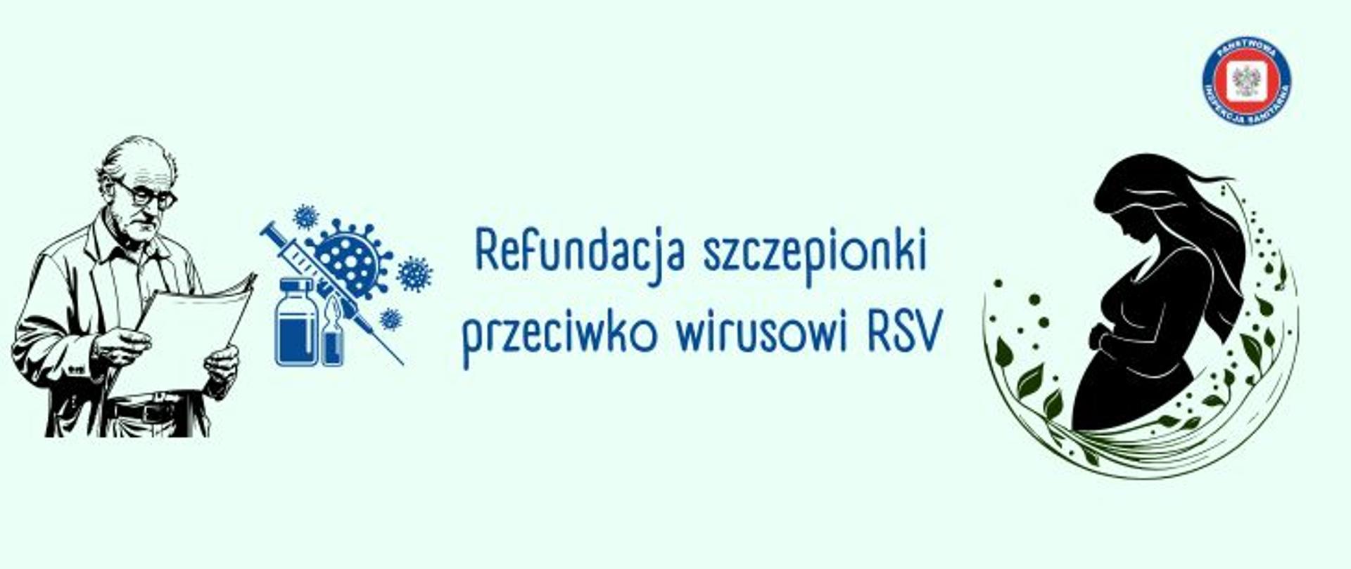 Na jasnym tle po lewej stronie czarna grafika przedstawiająca starszego mężczyznę w okularach czytającego gazetę. Po prawej stronie profil kobiety w ciąży w kolorze czarnym. Po środku napis Refundacja szczepionki przeciwko wirusowi RSV w kolorze granatowym. Obok napisu po lewej granatowa grafika symbolizująca szczepienie: fiolka, strzykawka i graficznie przedstawiony wirus lub bakteria. W prawym górnym rogu okrągłe logo Państwowej Inspekcji Sanitarnej przedstawiające czarnego orła na białym kwadratowym tle, które otoczone jest czerwonym wypełnieniem. Zewnętrzną część logo otacza granatowy okrąg z napisem Państwowa Inspekcja Sanitarna w kolorze białym.