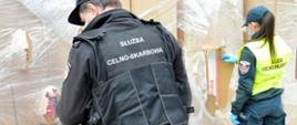 Funkcjonariusz i funkcjonariuszka Służby Celno-Skarbowej podczas sprawdzania zafoliowanych kartonów z papierosami.
