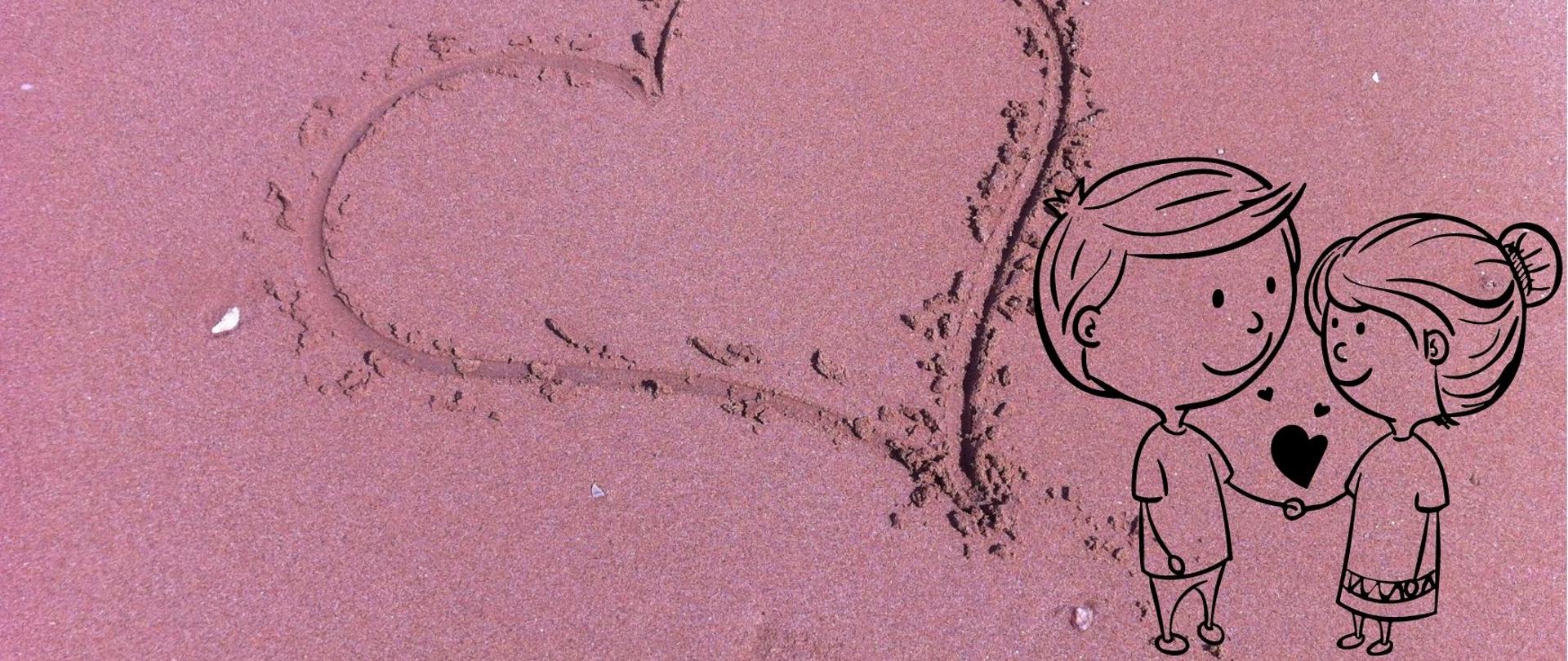 Grafika konkursowa "Miłość czyni mnie szczęśliwym" przedstawiająca serce na piasku oraz dwoje zakochanych.