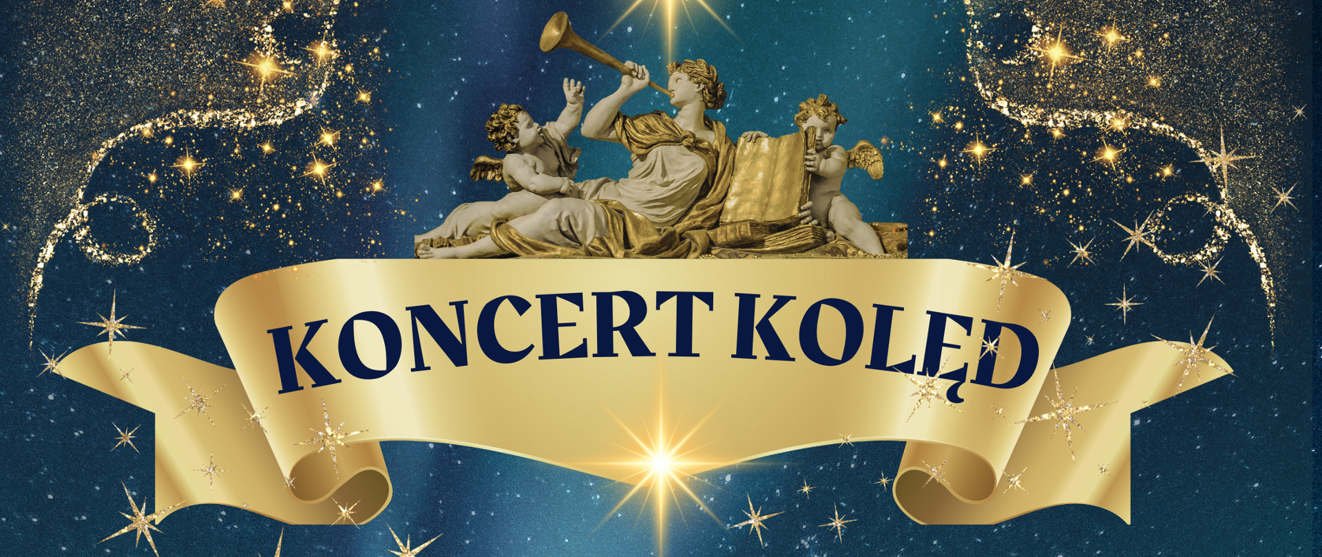 Plakat turkusowe tło w rogach ozdobne Esy floresy mieniące się złotem srebrem i gniazdami centralnie na ozdobnym złotym pergaminie napis koncert kolęd w góry aniołowie grający na różnych instrumentach centralnie świecąca gwiazda napisy koncert kolęd w wykonaniu uczniów i nauczycieli Państwowej Szkoły muzycznej pierwszego i drugiego stopnia imienia Witolda Lutosławskiego w Nysie 23 Stycznia 2026 godzina 17:00 podczas koncertu on będzie się Zbiórka dla Huberta obok kafelek ze zbiórki siepomaga.pl ze zdjęciem chorego dziecka z czerwonym napisem bez przyjmie Hubert Lizinkiewicz poniżej wstęp 10 zł logo złote szkoły oraz logo białe muzeum powiatowego w Nysie według ustalonych znaków