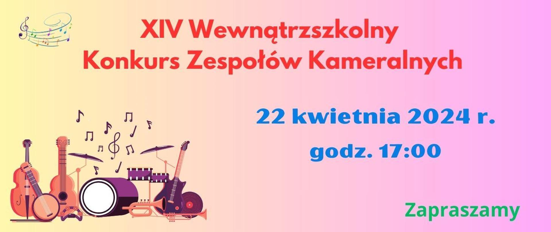Grafika przedstawia na kolorowym tle informacje dotyczące XIV Wewnętrznego Konkursu Zespołów Kameralnych w PSM I st. w Brzezinach.