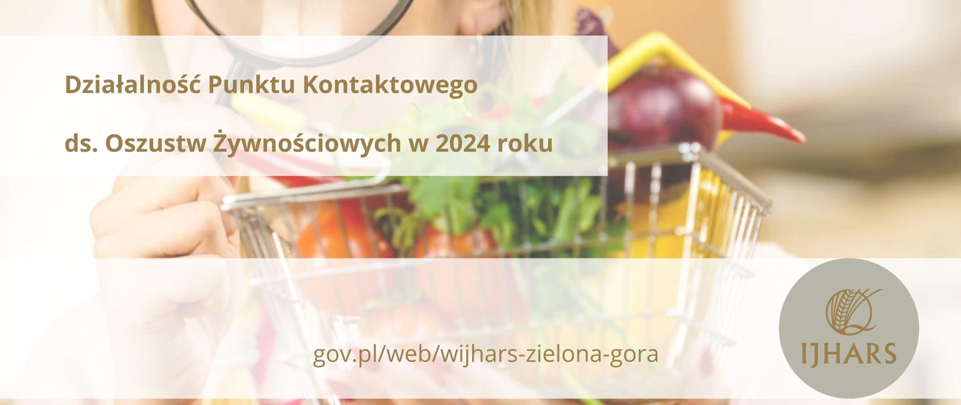 Zdjęcie przedstawia kobietę ze szkłem powiększającym przy oku oraz koszykiem pełnym produktów spożywczych oraz napis Działalność Punktu Kontaktowego ds. Oszustw Żywnościowych w 2024 roku
