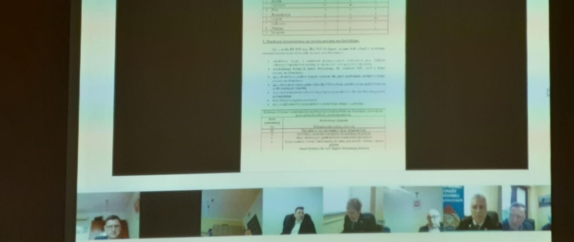 Zdjęcie obejmuje w środkowej części prezentację opisującą działalność KP PSP Myślenice. W dolnej części widoczne są osoby uczestniczące w wideokonferencji w swoich siedzibach.