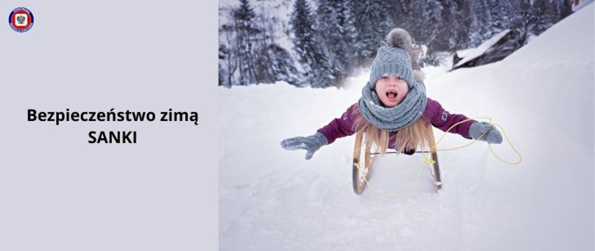 Po prawej stronie dziewczynka z otwartą buzią i rozłożonymi na boki rękami zjeżdża na brzuchu na sankach. Po lewej na jasnoszarym tle czarny napis Bezpieczeństwo zimą. Sanki a w lewym górnym rogu logo Państwowej Inspekcji Sanitarnej.