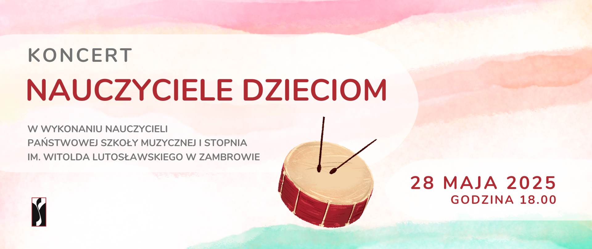 Na pastelowym tle poziomego plakatu umieszczono w centralne części grafikę bębenka wraz z pałkami. Od góry po lewej stronie umieszczono informacje o koncercie - Nazwę, informację o wykonawcach a w lewym dolnym rogu logo organizatora - szkoły muzycznej w Zambrowie. Po prawej stronie w dolnym rogu umieszczono datę i godzinę wydarzenia. 