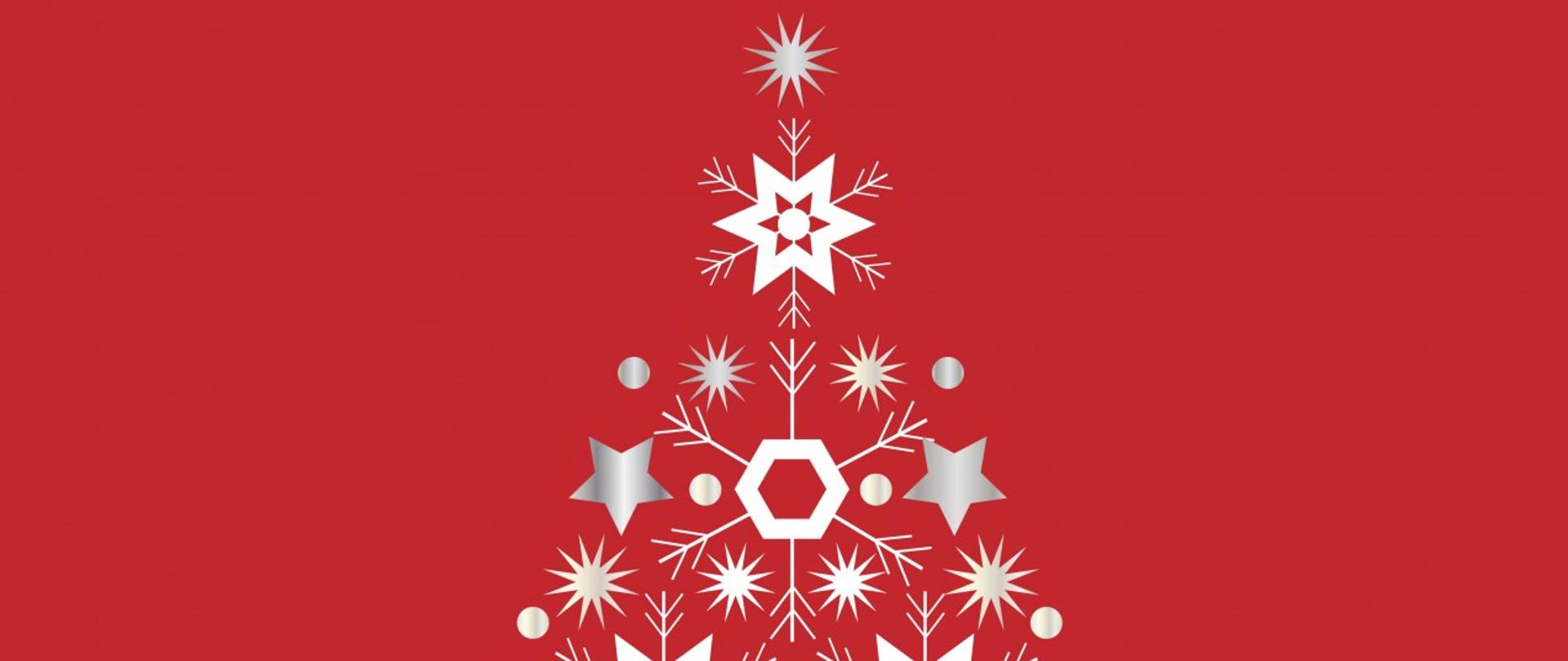 grafika choinki na czerwonym tle, zarys choinki wykonany z białych i szarych gwiazdek i płatków śniegu