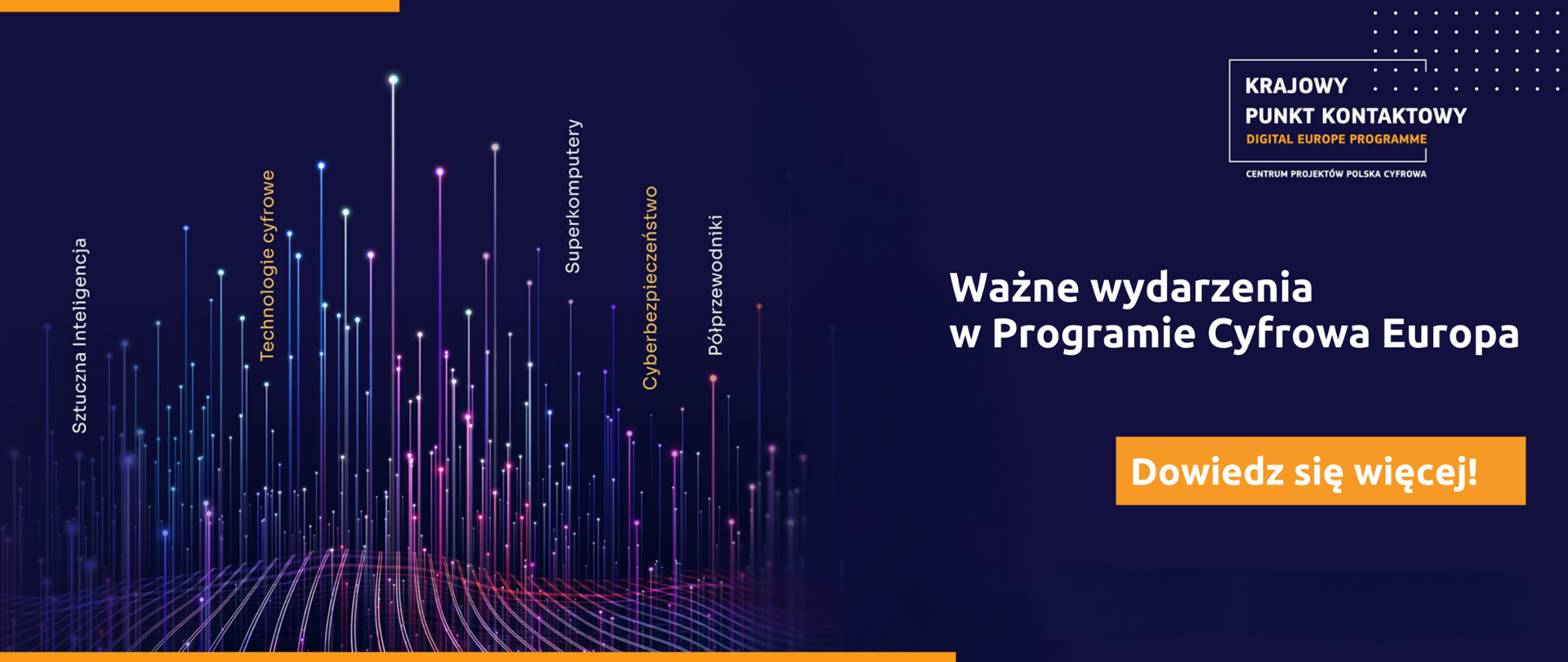 W prawym górnym rogu umieszczono logo Krajowego Punktu Kontaktowego dla Programu Cyfrowa Europa. Na głównym planie po prawej stronie widnieje napis „Ważne wydarzenia w Programie Cyfrowa Europa. Dowiedz się więcej”. W lewej części znajduje się abstrakcyjna grafika przedstawiająca różnokolorowe promienie przebijające pofalowaną płaszczyznę. Nad promieniami umieszczono pionowo napisy: Sztuczna Inteligencja, Technologie cyfrowe, Superkomputery, Cyberbezpieczeństwo oraz Półprzewodniki.