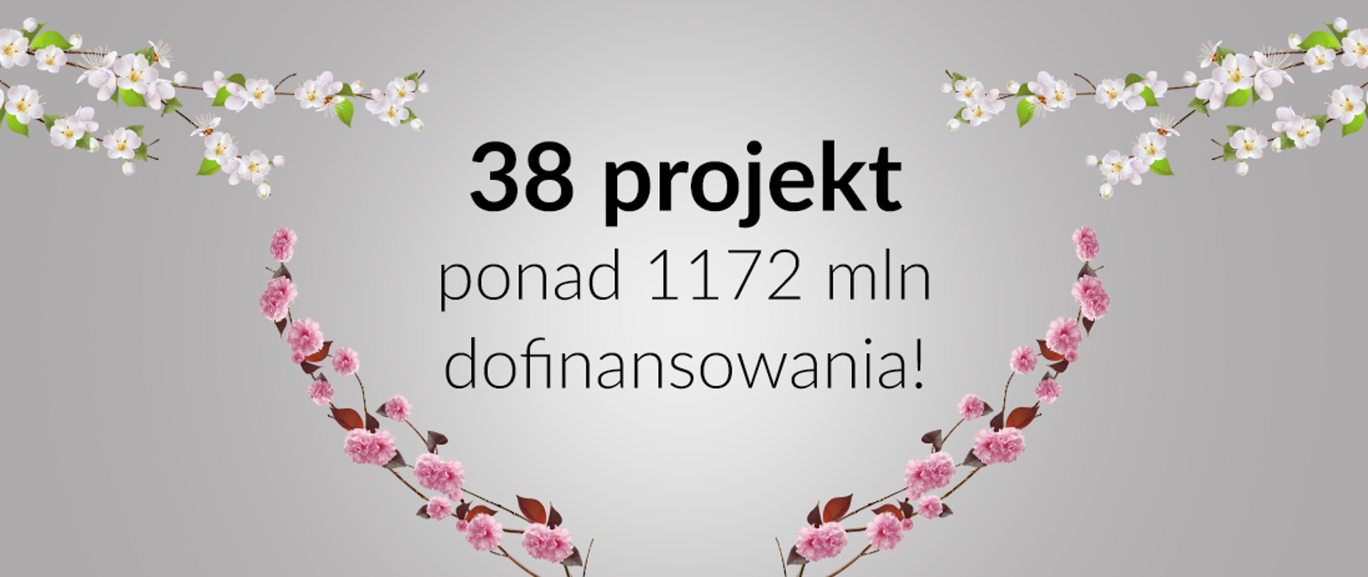 Bander o treści: 38 projekt - ponad 1172 mln dofinansowania! Wokół napisu kwitnące gałązki drzew. 