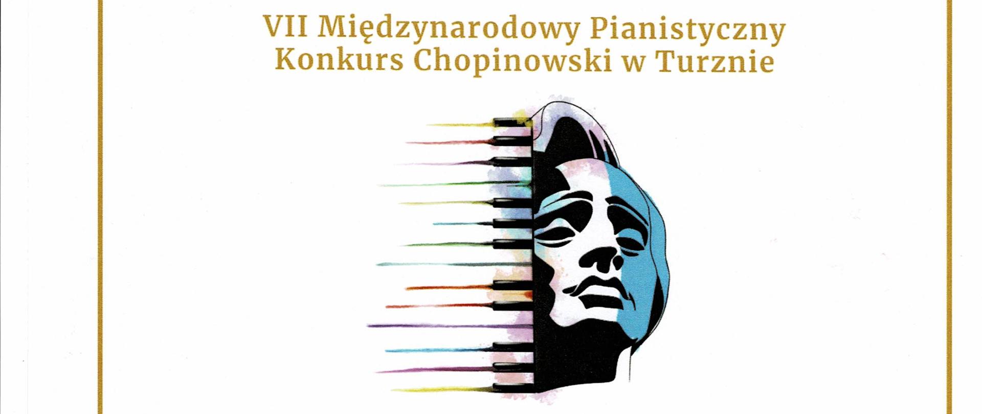 na białym tle złota ramka. Od góry złotymi literami napis "VII Międzynarodowy Pianistyczny Konkurs Chopinowski w Turznie", poniżej logo konkursu przedstawiające z lewej strony klawiaturę fortepianu a z prawej wizerunek twarzy Chopina. Poniżej tekst "Dyplom, dla Mikołaja Michniewicza za zajęcie II miejsca w Kat. I, poniżej podpisy jury konkursu. W stopce pieczątka Stowarzyszenia oraz oznaczenie daty: Turzno 25-26.02.2023 r.