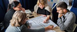 Cztery osoby siedzą przy stole i pracują nad dużym arkuszem papieru zapisanym odręcznymi notatkami oraz podzielonym na pola. Jedna osoba zapisuje ustalenia zielonym markerem, a pozostałe obserwują arkusz i uczestniczą w rozmowie. Na stole leżą telefony, dokumenty, notes, markery i niewielki rejestrator. W tle znajduje się duża mapa Ukrainy z przyklejonymi kolorowymi karteczkami.