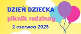 Na żółtym tle informacja o pikniku rodzinnym