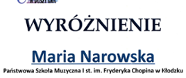 Dyplom wyróżnienia dla Marii Narowskiej przyznany podczas VI Ogólnopolskiego Konkursu „Co Młodym w Duszy Gra?” organizowanego w Rudzie Śląskiej w kwietniu 2026 roku. Na dyplomie widnieją informacje o szkole muzycznej, pedagogu Angelice Strzygockiej oraz podpisy organizatorów i sponsorów.
