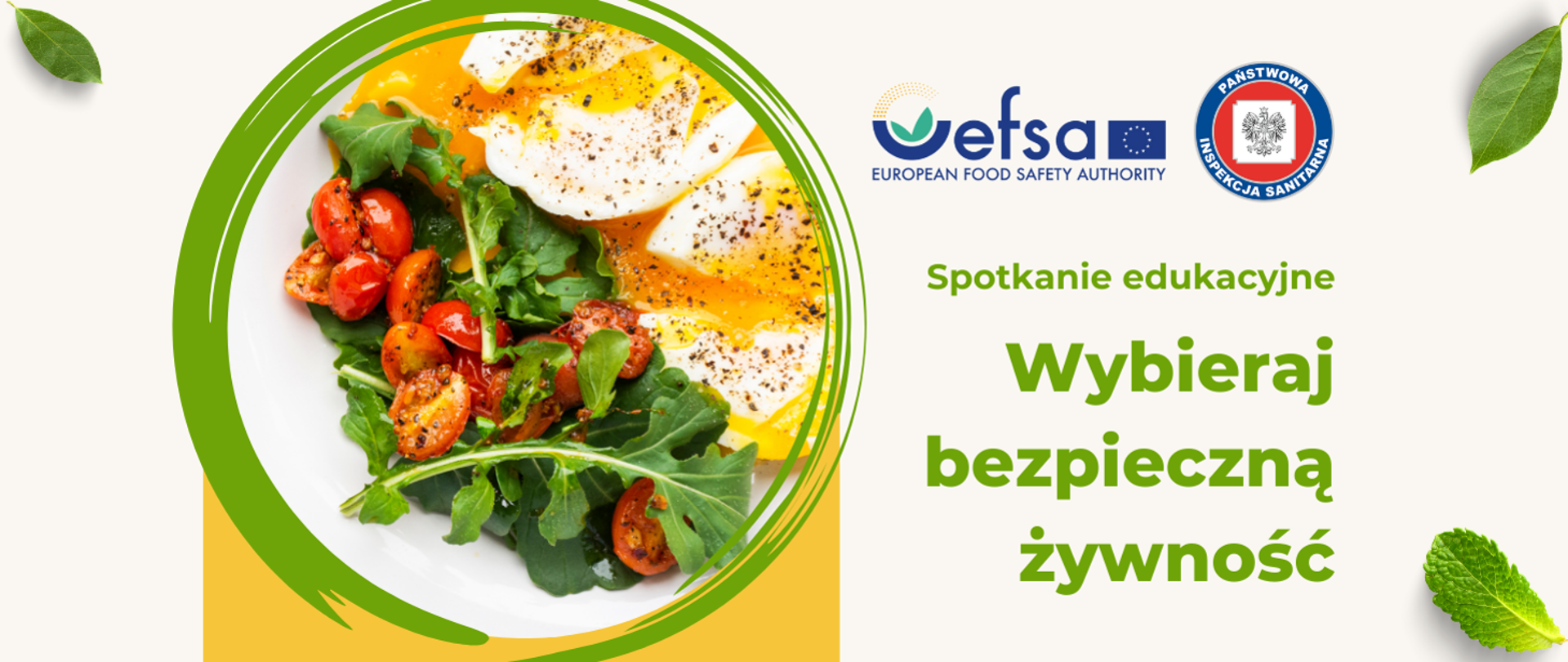 talerz z sadzonym jajkiem i warzywami oraz informacją o spotkanie edukacyjnym