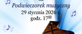 Plakat w niebiesko-fioletowych barwach z grafiką otwartego fortepianu i krzesła na tle rozbłysków, zapraszający na "Podwieczorek muzyczny" sekcji fortepianu 29 stycznia 2026 r. o godz. 17:00 w auli szkolnej ul. Moniuszki 41; górne logo 80-lecia szkoły (1945-2025) z nutami.