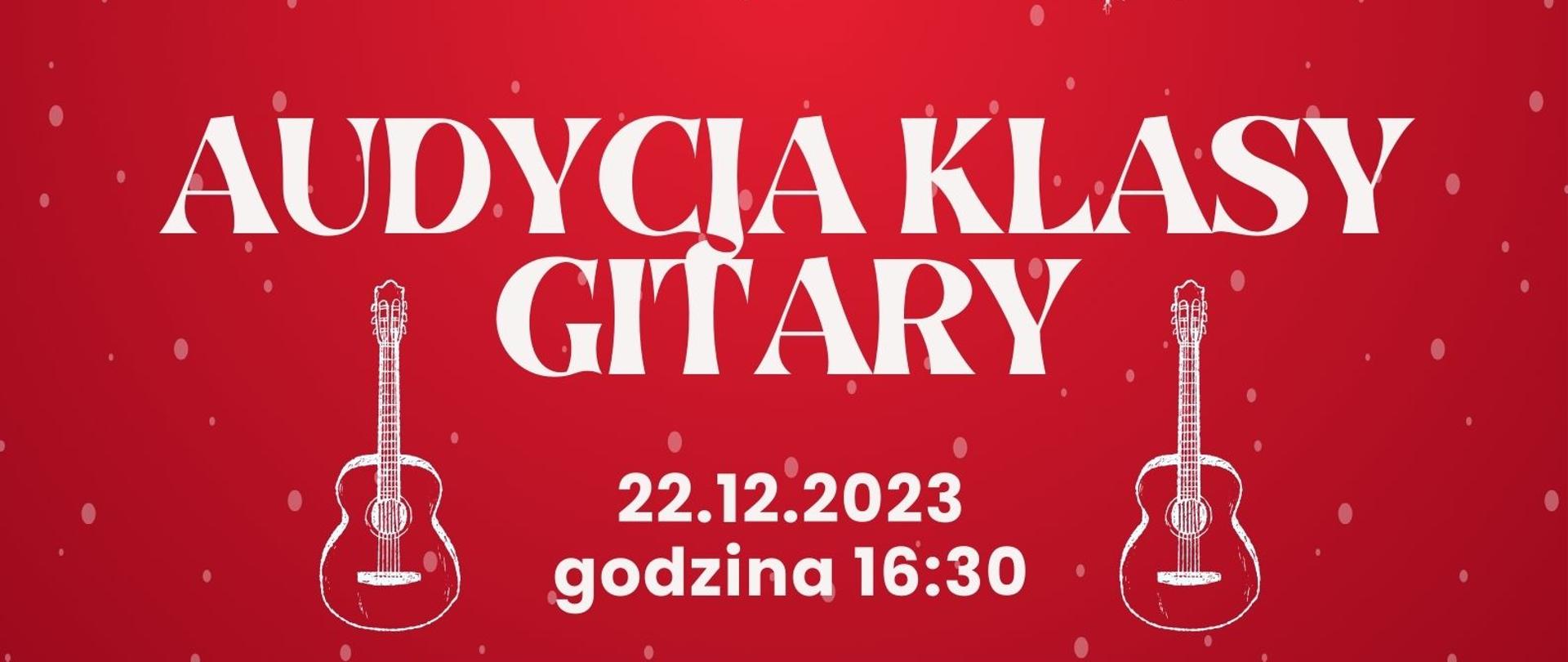 tło czerwone na górze bombka i logo szkoły na dole informacja o audycji klasy gitary