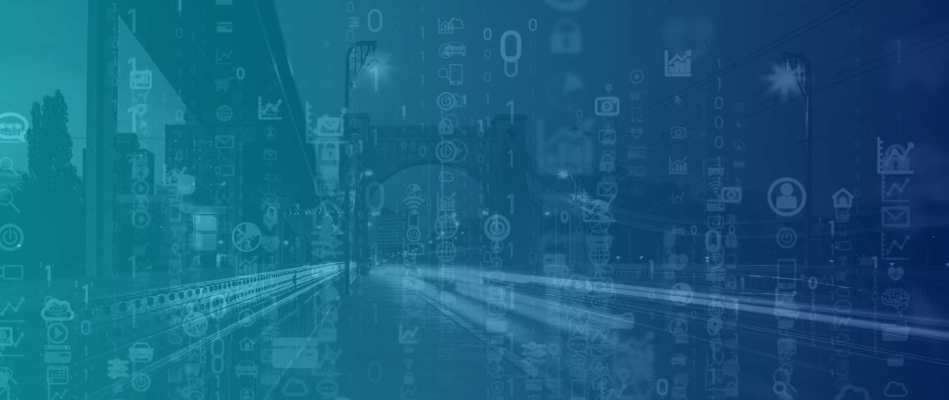 Grunwald Bridge at night with IoT icons and digital data – a symbol of technology and communication.