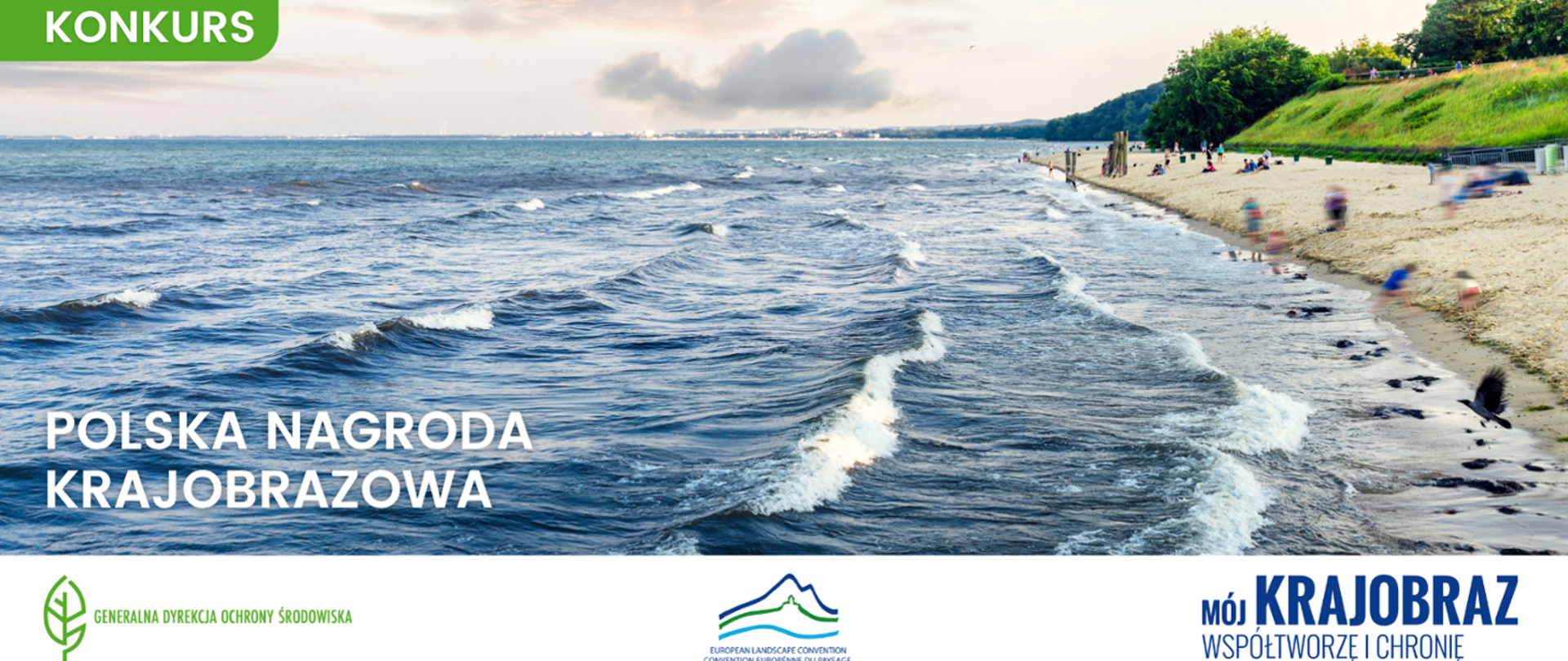 Morze,plaża a na niej ludzie. Logotyp i informacja o konkursie