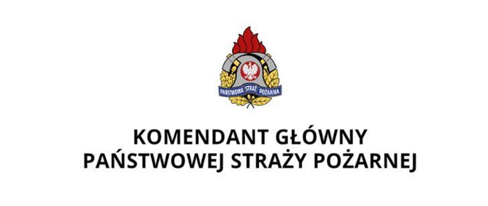 Ilustracja przedstawia na białym tle, na środku u góry kolorowy logotyp Państwowej Straży Pożarnej. Poniżej napis Komendant Główny Państwowej Straży Pożarnej.