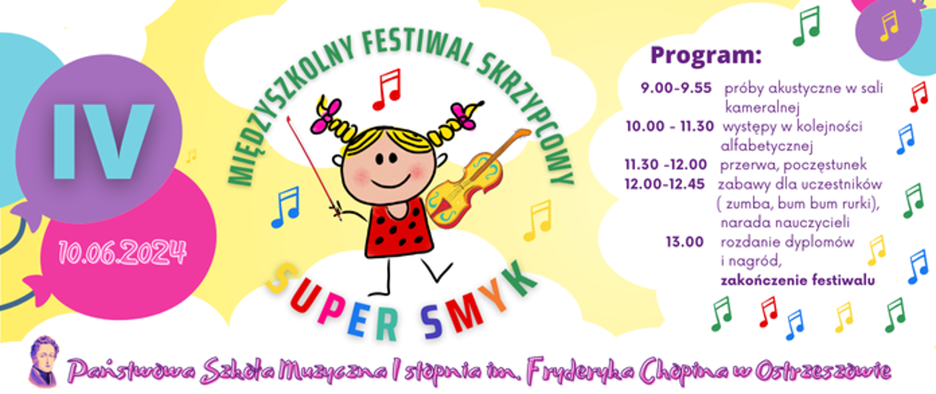 Kolorowa grafika z elementami muzycznymi. Na środku postać dziewczynki ze skrzypcami.
