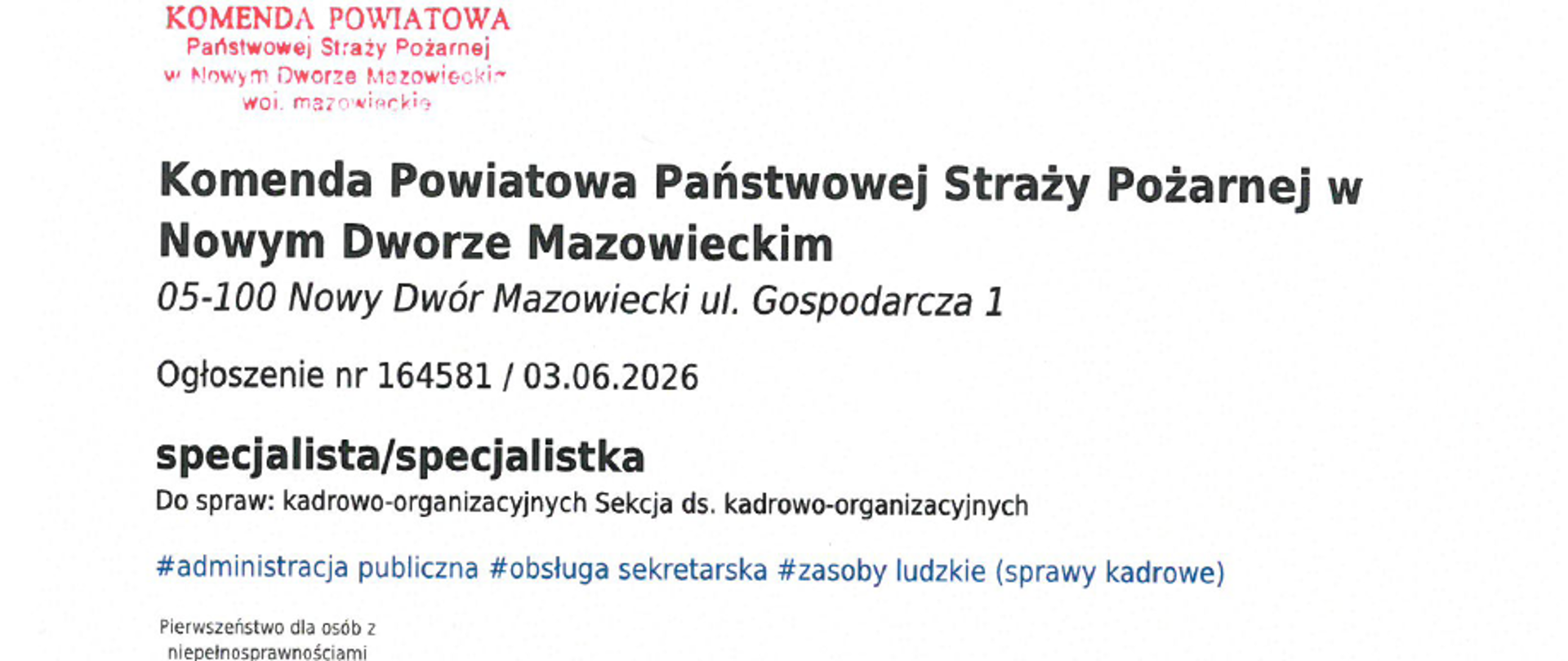 Grafika dotycząca ogłoszenia o pracy w Komendzie Powiatowej PSP w Nowym Dworze Mazowieckim na stanowisko specjalista/specjalistka w wymiarze pół etatu.