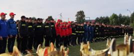 Na zdjęciu widzimy drużyny pożarnicze ustawione w dwuszeregu w trakcie ceremonii zakończenia zawodów. Wszyscy zawodnicy ubrani są w ubranie strażackie koszarowe, dostosowane do wieku uczestników. Na pierwszym planie widać również stojące puchary.