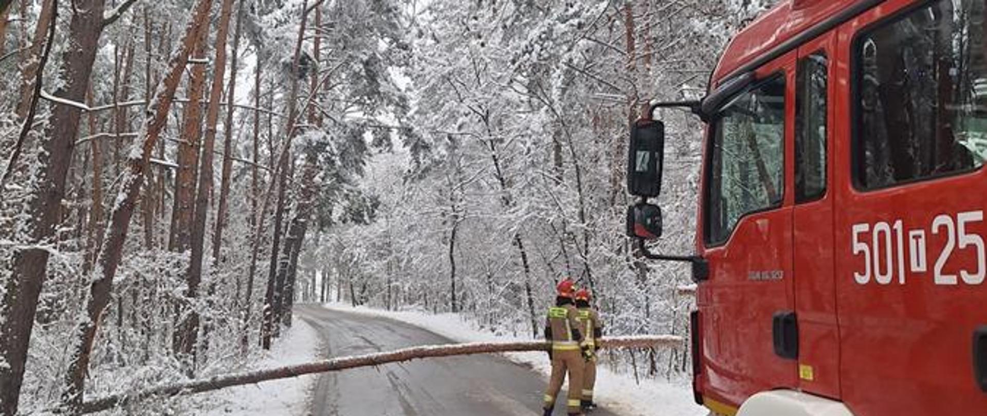 Działania ratownicze staszowskich strażaków podczas intensywnych opadów śniegu. 