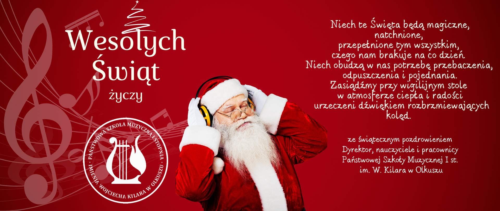 Czerwone tło, białe napisy, zdjęcie Mikołaja w słuchawkach