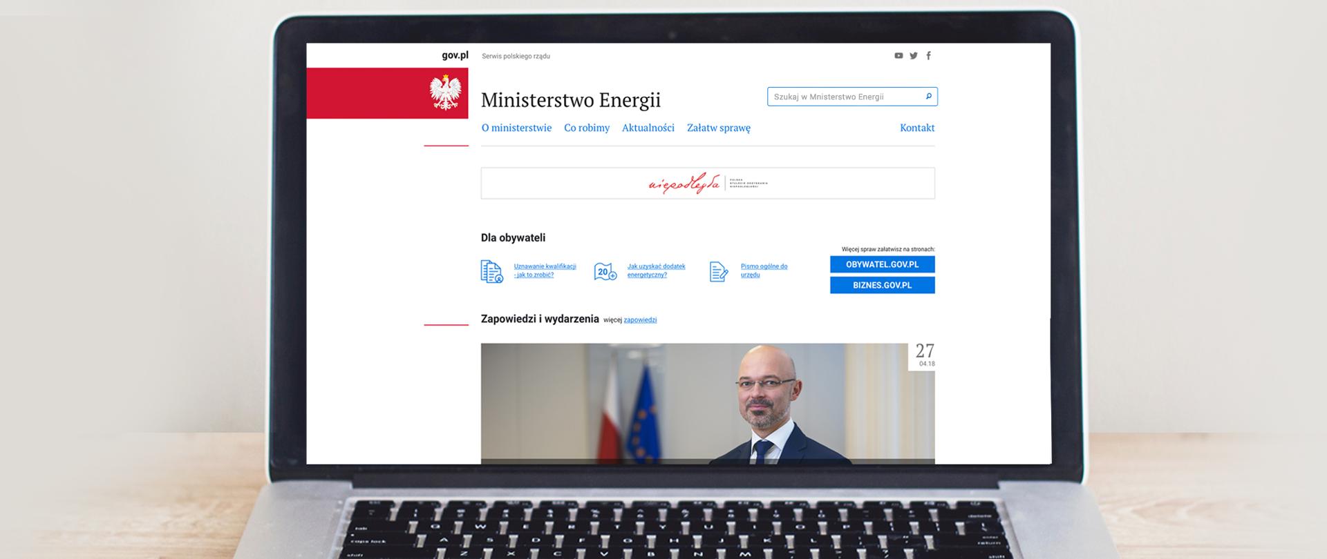 ekran strony głównej Ministerstwa Energii w portalu gov.pl