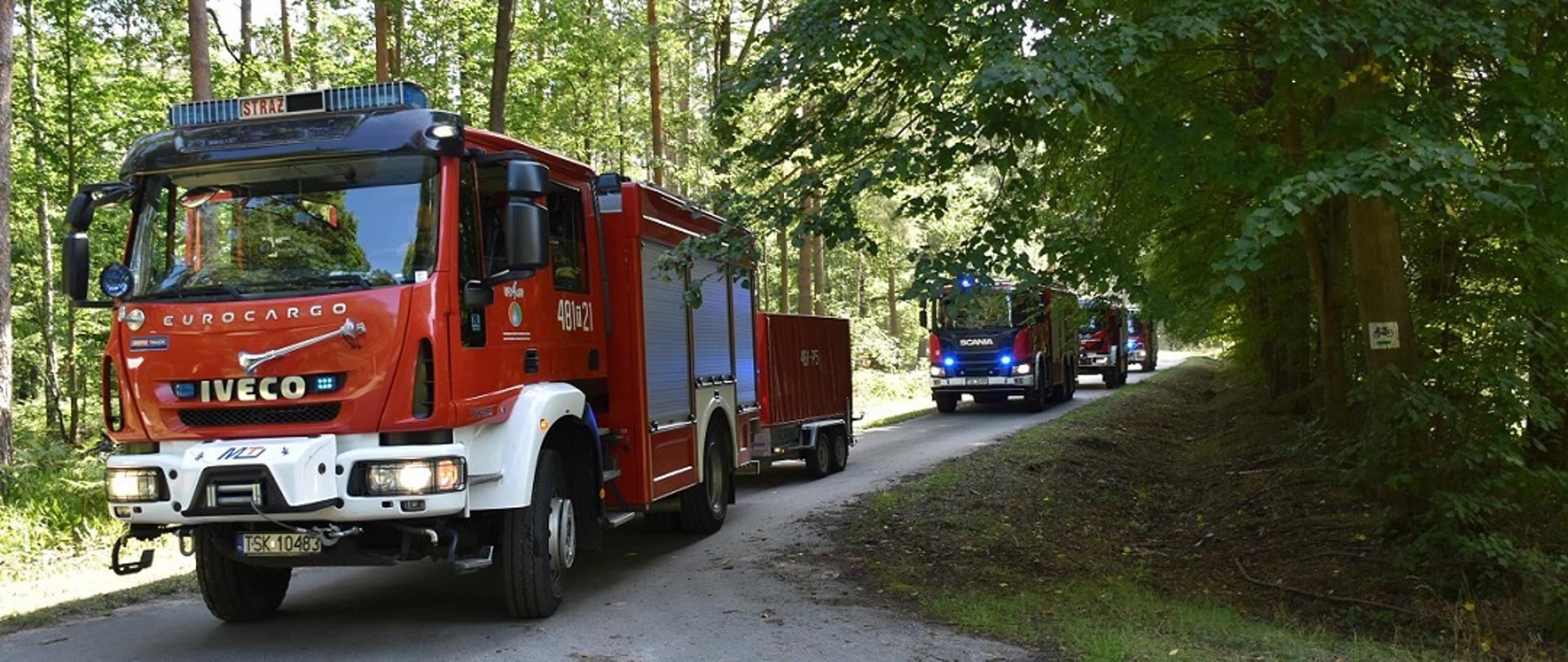Zdjęcie obrazuje drogę asfaltową biegnącą przez las zarządzany przez Nadleśnictwo Skarżysko. Na drodze widoczne są jadące w szeregu cztery samochody Państwowej Straży Pożarnej i Ochotniczej Staży Pożarnej. Zmierzają one do symulowanego pożaru lasu sosnowego. Za pierwszym samochodem znajduje się podłączona do niego przyczepka z pompom pożarniczą, która posłuży do poboru wody ze zbiornika przeciwpożarowego. 