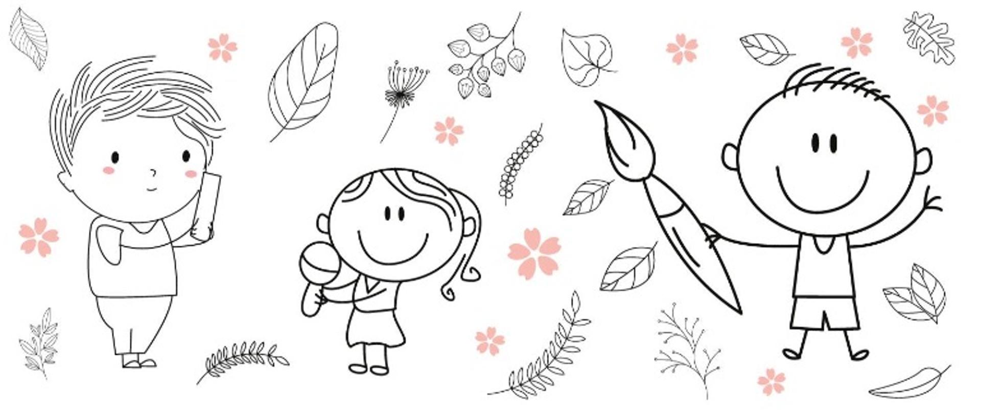 Rysunki po lewej chłopca, na środku dziewczynki, po prawej stronie chłopca z pędzlem w prawej dłoni, pomiędzy nimi znajdują się różnorodne liście.