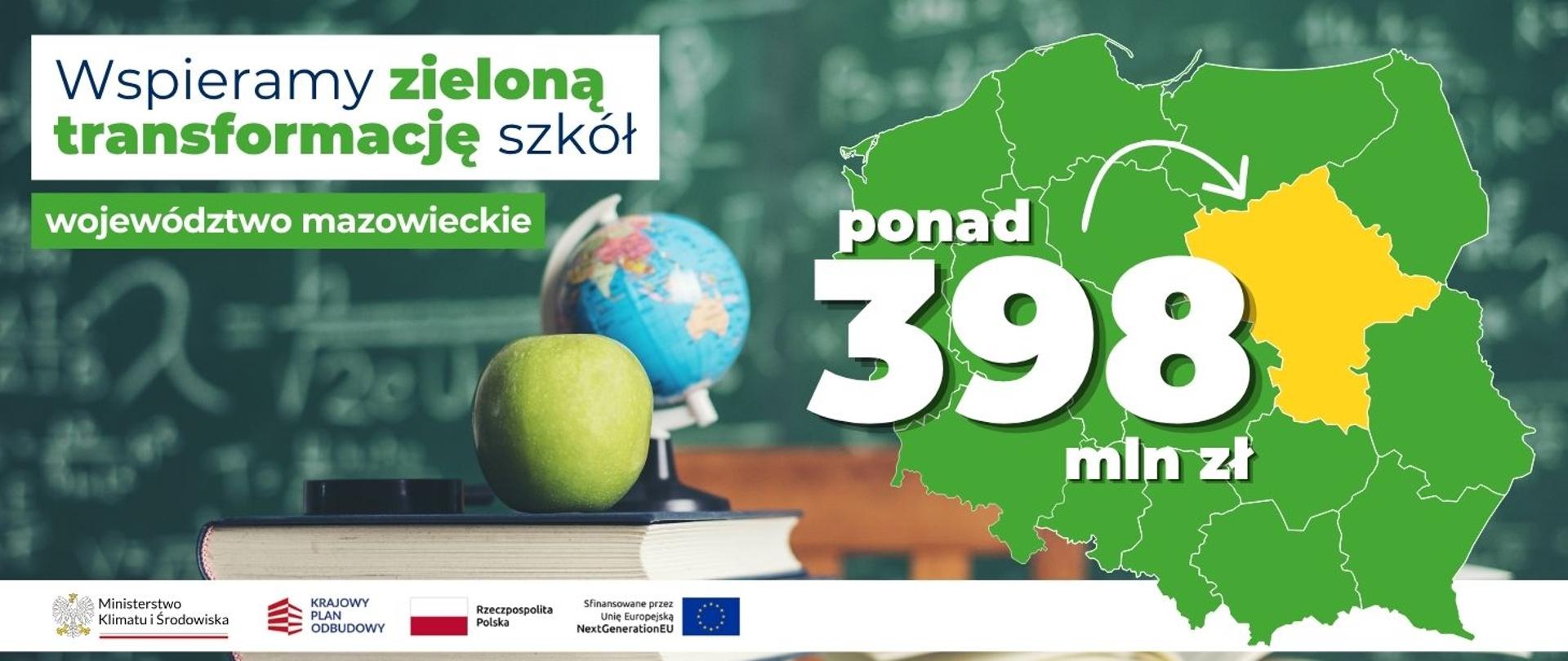 na banerze po lewej stronie widnieje napis: Wspieramy zieloną transformację szkół województwo mazowieckie. Po prawej stronie widoczna jest mapa Polski z zaznaczonym na żółto woj. mazowieckim i napisem ponad 398 mln zł. 